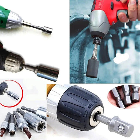 Impact Socket Adapter Set For Drill 1/4 3/8 1/2 Inch, Pro Grade Nut Socket Driver Adapters With Holder And Ratchet Wrench shown in use