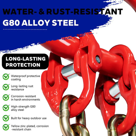 G80 Grade Two Leg Chain Sling With Grab Hooks 5 16 In By 5 Ft 4400 Lb Working Load Limit featuring red and yellow zinc plated alloy steel for corrosion resistance.