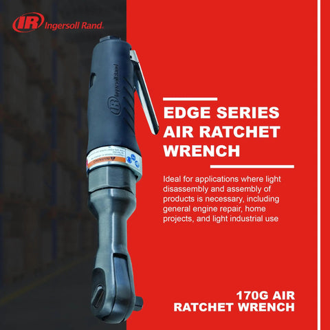 Three Eighths Inch Air Ratchet Wrench With 55 Foot Pounds Of Torque And 170 RPM Heat Treated Ratchet Head For Longer Life Ergonomic Grip For Comfort On Engine Repairs And Auto Maintenance Heavy Duty Automotive Tool image showing the wrench with branding on a red background