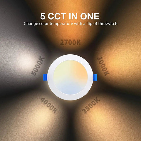5 CCT color options of 4 Inch LED Recessed Downlight Kit, 12 Pack, 5CCT Selectable Canless Ceiling Light with J Box, Ultra Thin Dimmable