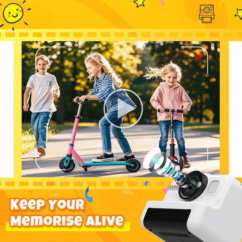 Kids Instant Print Camera With 1080P HD Imaging And No Ink Thermal Printing Includes 3 Rolls Photo Paper And 32GB Memory Card, kids riding scooters
