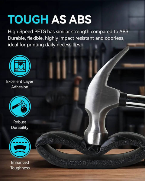 Hammer showing impact resistance on Speed Demon PETG 3D Filament 1.75mm for ultra fast printing in black, tough as ABS.