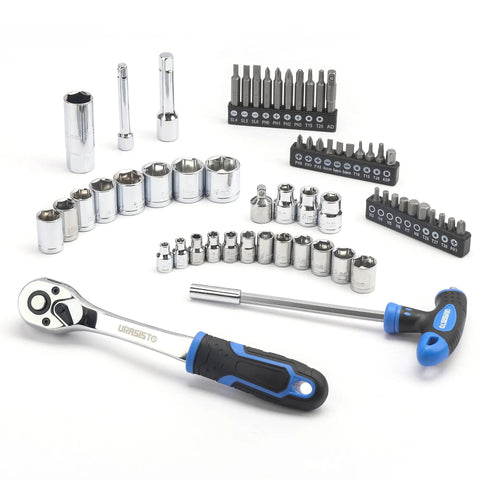 168-Piece Socket Wrench Auto Repair Tool Set In A Plastic Toolbox Case showing sockets, bit sets, ratchet, and handle grip.