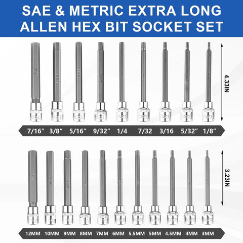 Pro Shop Extra Long Hex Socket Set Featuring Twenty Precision Allen Bits And 3/8 Inch Drive shown with SAE and metric sizes.