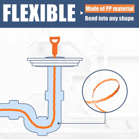 Kicking Nasty Hair Clogs Like A Pro This Flexible Drain Snake showing flexible design made of PP material fitting into drain pipes.