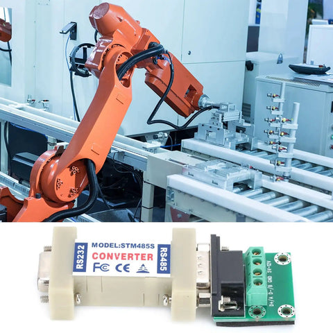 Top Shelf RS232 To RS485 Converter Adapter With Truly Passive Design For Heavy Duty Industrial Automation and Easy Data Interface, shown with robot arm.