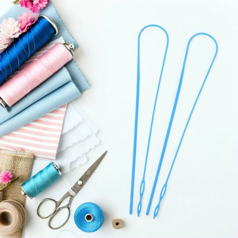 Flexible Plastic Drawstring Threader Tool Kit For Easy Threading Big Eye Design Works With Thick Or Thin Cords Grab And Go Portable 5 Pack Sewing Tool For Pants Hoodies Jackets Bags And Craft Projects. Blue plastic drawstring threaders with sewing supplies.