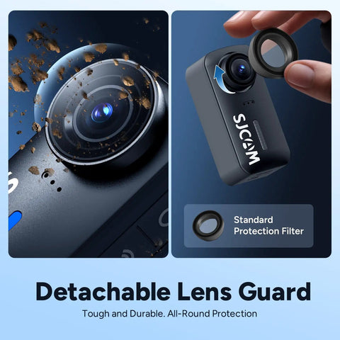 Close-up of 4K Mini POV Action Camera with 170 Degree Ultra Wide Lens and detachable lens guard shown with standard protection filter.