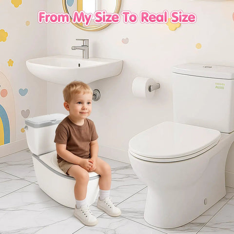 Tot Sized Three In One Potty Training Toilet With Realistic Flush Sounds And Removable Seat, toddler sitting comfortably