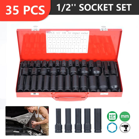 35-Piece 1/2 Inch Drive Deep Impact Socket Set With 6-Point Sockets, Heavy Duty Spindle And Axle Nut Kit, Deep Length 38mm And 78mm