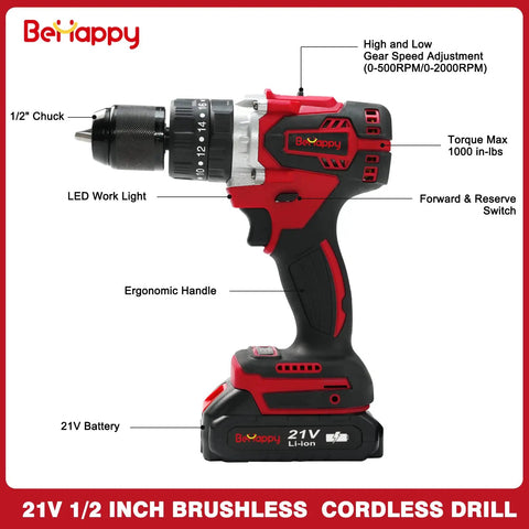 Cordless Drill Kit 21V Brushless One Half Inch Power Tool Set with ergonomic handle and Li-ion battery for DIY projects.