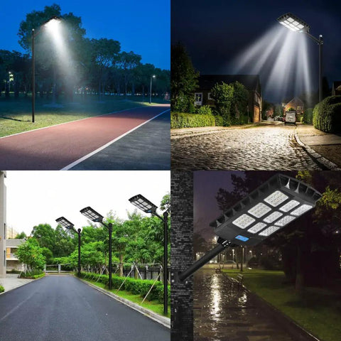Led Solar Street Light Outdoor Waterproof 50000LM Super Bright Solar Powered Security Flood Light illuminating various outdoor areas