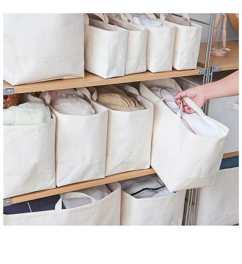 Slim Fabric Storage Bins With Comfort Handles Narrow Closet Organizers For Shelf And Cabinet Durable Canvas Containers in use.