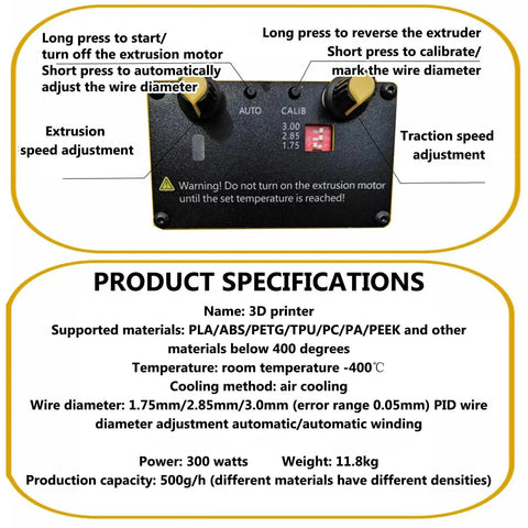 Control panel of No Fuss High Precision 3D Print Filament Extruder Machine showing speed and calibration adjustments.