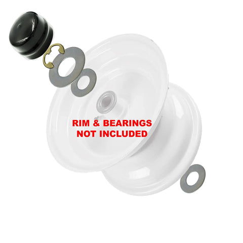 Beefed Up Front Wheel Hardware Kit With Hub Caps And Thrust Washers Including E Clips for Lawn Gear Rebuilds, shown without rim