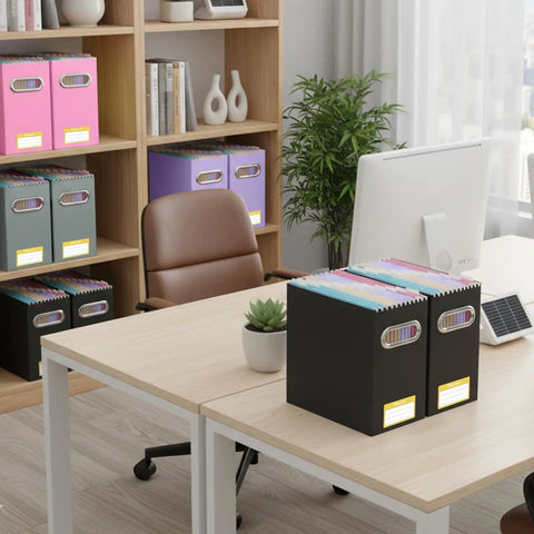 Super Tough Collapsible Cardboard File Organizer Box With Strong Carry Handle, Heavy Duty Document Storage Cartons For Office Desks on a desk.