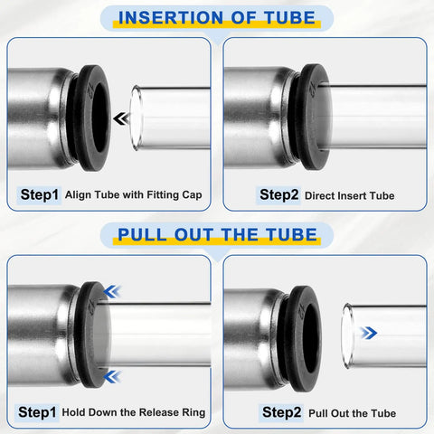 10-Pack Push To Connect Fittings 1/2 Inch OD Tube To 1/8 NPT Female Adapter Nickel Plated Brass insertion and removal steps