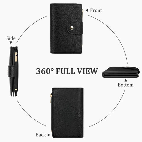 360-degree view of Travel Ready Compact Women's Bifold Wallet With RFID Blocking Zipper Coin Pocket in classic black.