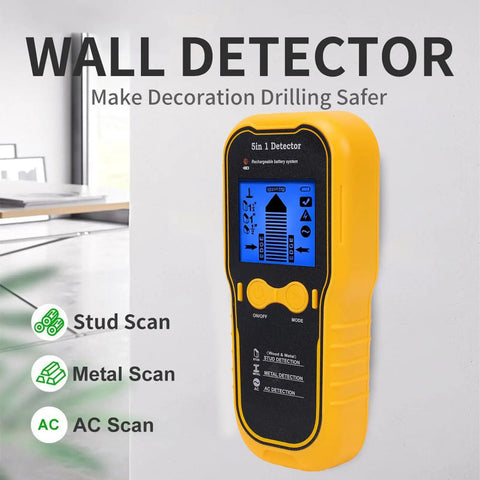 AUNMAS ABS Construction Handheld Stud Finder Wall Scanner with LCD Display mounted on a wall showing scanning modes.