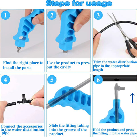 Instruction steps for using 2 In 1 Drip Irrigation Hole Punch And Fitting Insertion Tool Kit For One Quarter Inch PE Tubing