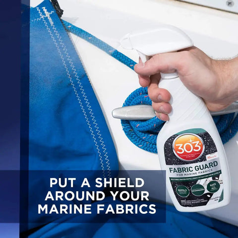Boat Cover And Canvas Protector Spray 16 Oz Six Pack Restores Water And Stain Repellency Keeps Fabric Dry Resists Water Based And Oil Based Stains Will Not Alter Color Or Breathability, shown on marine fabric