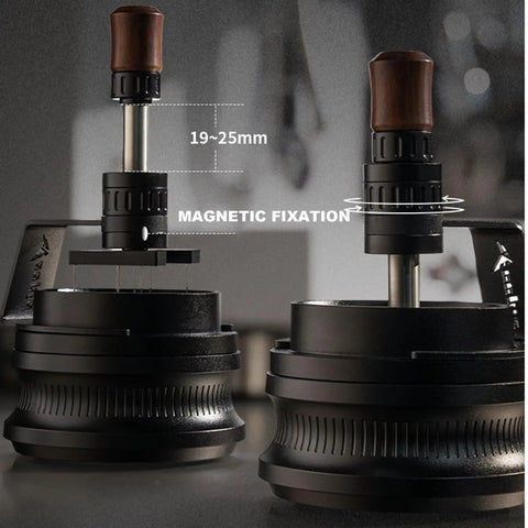 Game Changing 58mm Espresso Puck Distributor Tool With Adjustable Height and Eight Precision Needles to Break Up Clumps Quick for Creamy Fresh Pulls Daily shows adjustable height mechanism.