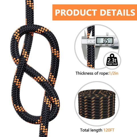Top Shelf Heavy Duty Braided Polyester Arborist Rope Half Inch By 120 Feet Badass Breaking Strength For Serious Tree Work Hiking Camping And Swing Project Black, showing product details and measurements.