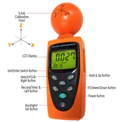 RF EMF Strength Meter Pro For Home Use 50MHz To 3.5GHz Electromagnetic Field Detector with labeled buttons and LCD display.