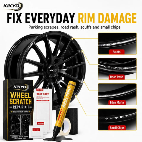 Heavy Duty Wheel Scratch Repair Kit For Curb Rash And Gloss Black Rim Touch Up Paint with gloss black wheel and repair tools.