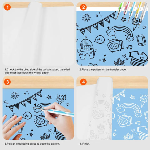 Steps to use All In One 200 Sheet White Carbon Transfer Paper Pack with Graphite Tracing Paper and Embossing Styluses for DIY projects.