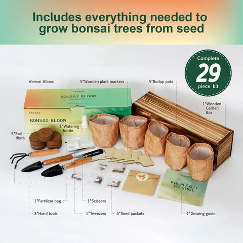 Five Pack Bonsai Tree Kit With Full Tools And Seed Packets Indoor Starter Kit In Wooden Box Easy Grow For Beginners A Chill Hobby Gift For Mom Men Women Plant Lovers This Christmas, showing contents like burlap pots and tools.