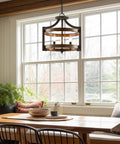 Farmhouse 3-Light Industrial Pendant Light With Wood And Metal Drum Shade, Convertible Semi-Flush Ceiling Fixture In Dining Room