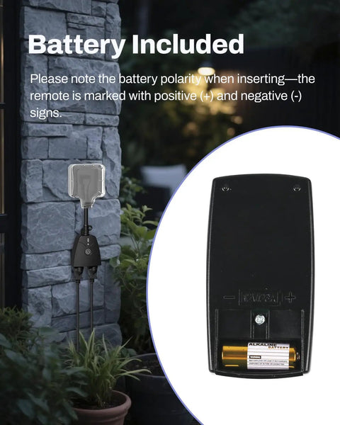 Outdoor Wireless Remote Control Outlet Kit Weatherproof Heavy Duty Power Strip With Dual 3 Prong Outlets 6 Inch Cord and 100 Foot Range ETL Listed 15A Plug and Play Ready For Indoor Or Outdoor Use next to stone wall with battery view.
