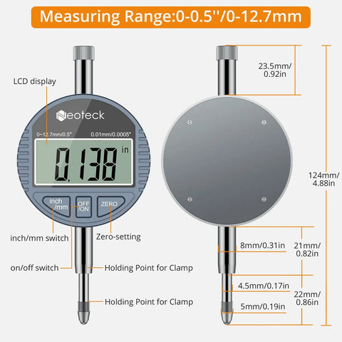 Image of Pro Grade Deep Engine Cylinder Bore Gauge Set With Digital Indicator showing 0-0.5 inch measuring range and LCD display.