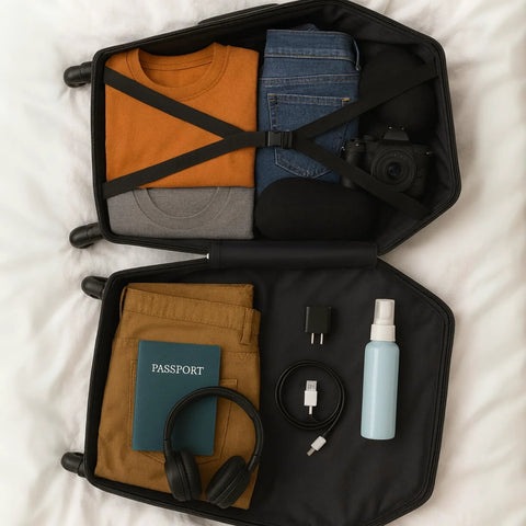 Open gothic coffin carry-on luggage with travel essentials.