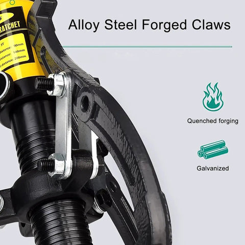 Close-up of Heavy Duty 10 Ton Hydraulic Gear Puller Kit With Zinc Coated Arms, featuring alloy steel forged claws for durability.