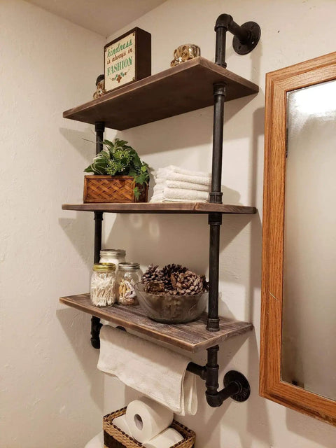 Industrial Pipe Shelves Rustic Wall Shelf With Towel Bar 24 Inch 3 Tier Wood And Iron Pipe Rack For Bathroom And Home