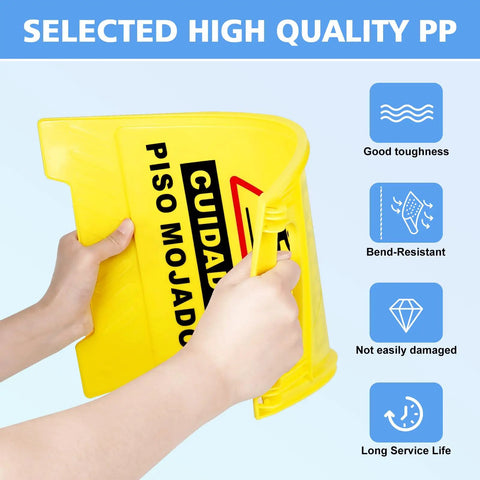 2 Pack Must Have Fold Out Wet Floor Sign Set, 17.5 Inch High Yellow Caution Signs, shown being folded to demonstrate flexibility.