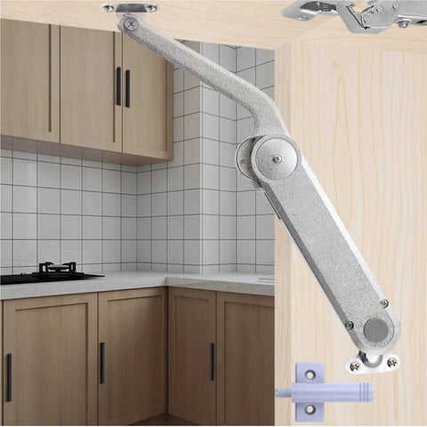 Built Tough Hydraulic Kitchen Cabinet Hinge With Soft Close Lift Assist installed in wooden cabinet.