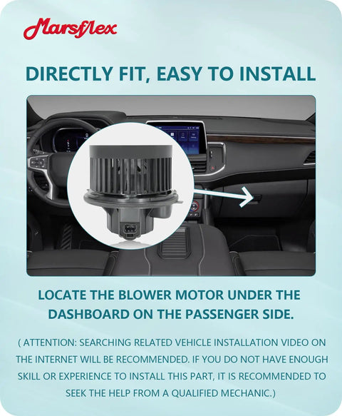 Front HVAC Blower Motor Direct Fit For Chevy Tahoe Silverado Avalanche Suburban GMC Sierra Yukon Cadillac Escalade 2000 2001 2002 2003 2004 2005 2006 Without Resistor Drop In Ready For Smooth Airflow And Easy Install, shown with dashboard installation guide.