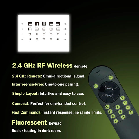 Visual Acuity Eye Chart For Optometry Snellen And Tumbling E With Randomize And Mirror Modes Plug And Play On Any TV Or Monitor No PC Required Auto Calibration HDMI Ready 4K Compatible RF Remote Included showing chart and remote