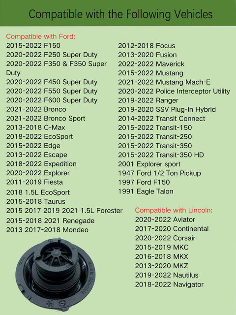 Image of Ford Coolant Reservoir Cap Replacement For Focus Mustang Fusion Escape F Series Trucks Bronco Edge Ranger Expedition Explorer Transit And Lincoln Aviator MKZ MKC MKX With Tight Seal And 21 Psi Maximum Pressure showcasing vehicle compatibility list.