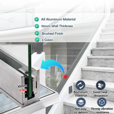 Premium Aluminum Base Rail Channel For Deck And Stairway Railing showing 10mm wall thickness and brushed finish for outdoor durability.