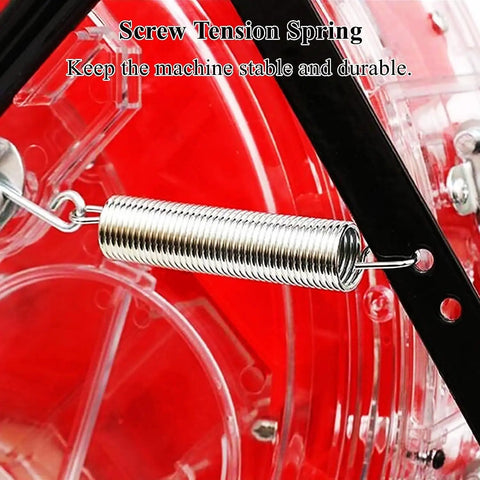 Screw tension spring on manual hand seed spreader and fertilizer applicator for row crops, enhancing stability and durability.