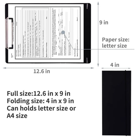 2 Pack Foldable Nursing Clipboard With 3 Layer Design And Medical Edition Cheat Sheets For Work Nurse Essentials Plastic Black Includes 6 Medical Reference Inserts, showing folded and open sizes with dimensions