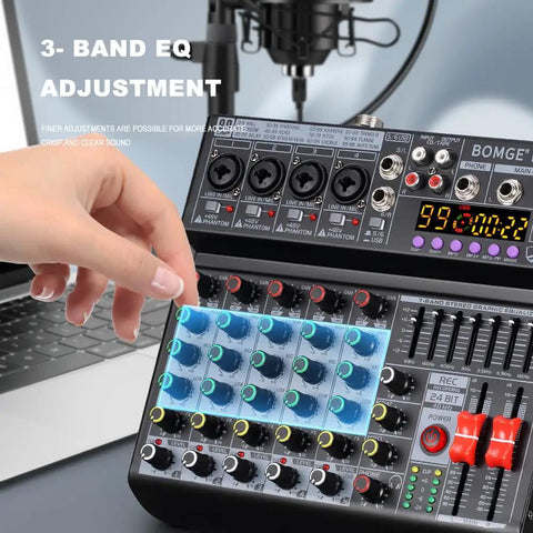 Adjusting 7-Band EQ on 6 Channel DJ Audio Mixer With 99 DSP Effects And 7 Band EQ Gig Ready Independent 48V Phantom Power Bluetooth USB Recording Interface