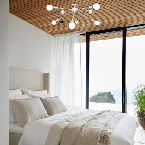 Mid Century 8 Light Sputnik Chandelier Nickel Ceiling Light Fixture in modern bedroom with wood ceiling and natural light
