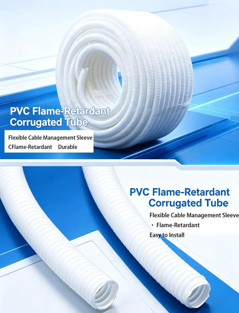 Badass Flexible PVC Corrugated Conduit For Electrical Wiring And Cable Routing With Flame Retardant Protection Heavy Duty Milk White Tubing, rolled for easy installation.