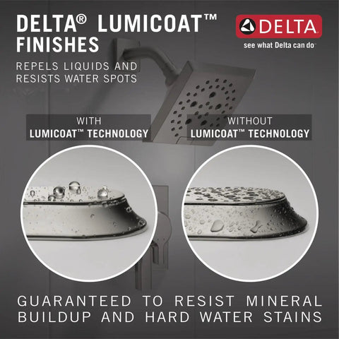 Universal Showering Components Showerhead With Lumicoat Stainless Finish For Easy Wipe Clean And Mineral Buildup Resistant H2Okinetic Technology Delivers More Water And Powerful Coverage With PowerDrench Spray, featuring Lumicoat technology comparison.