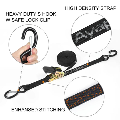 Heavy Duty Ratchet Strap Tie Downs Kit With S Hooks 2500 Lb Break Strength For Truck Bed Motorcycle Roof Rack showing high density strap and hooks.